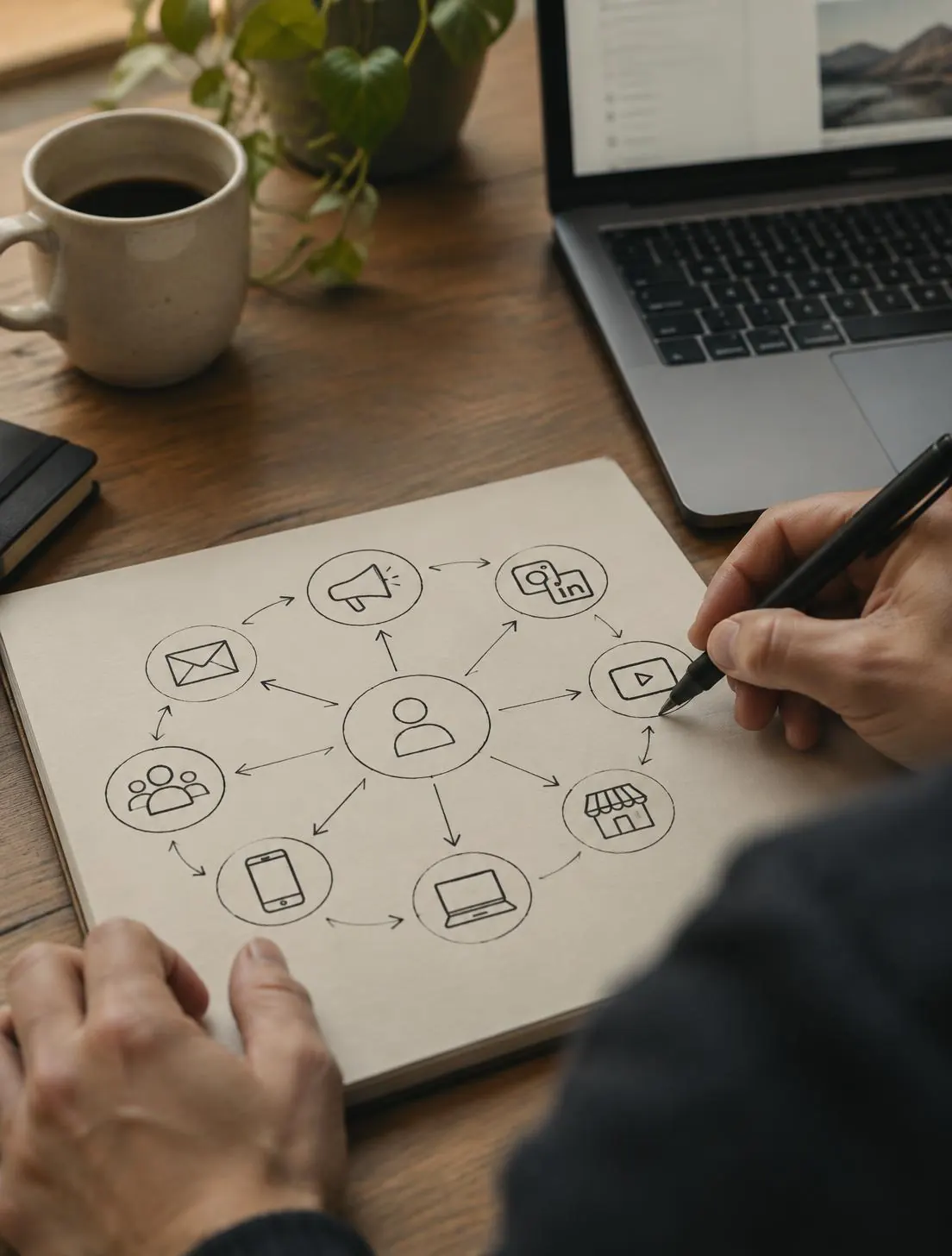 Profissional desenhando um diagrama de canais em um caderno