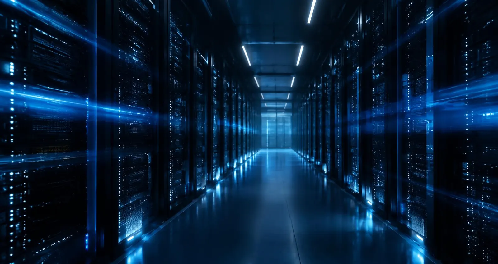 Corredor de infraestrutura de tecnologia com iluminação azul