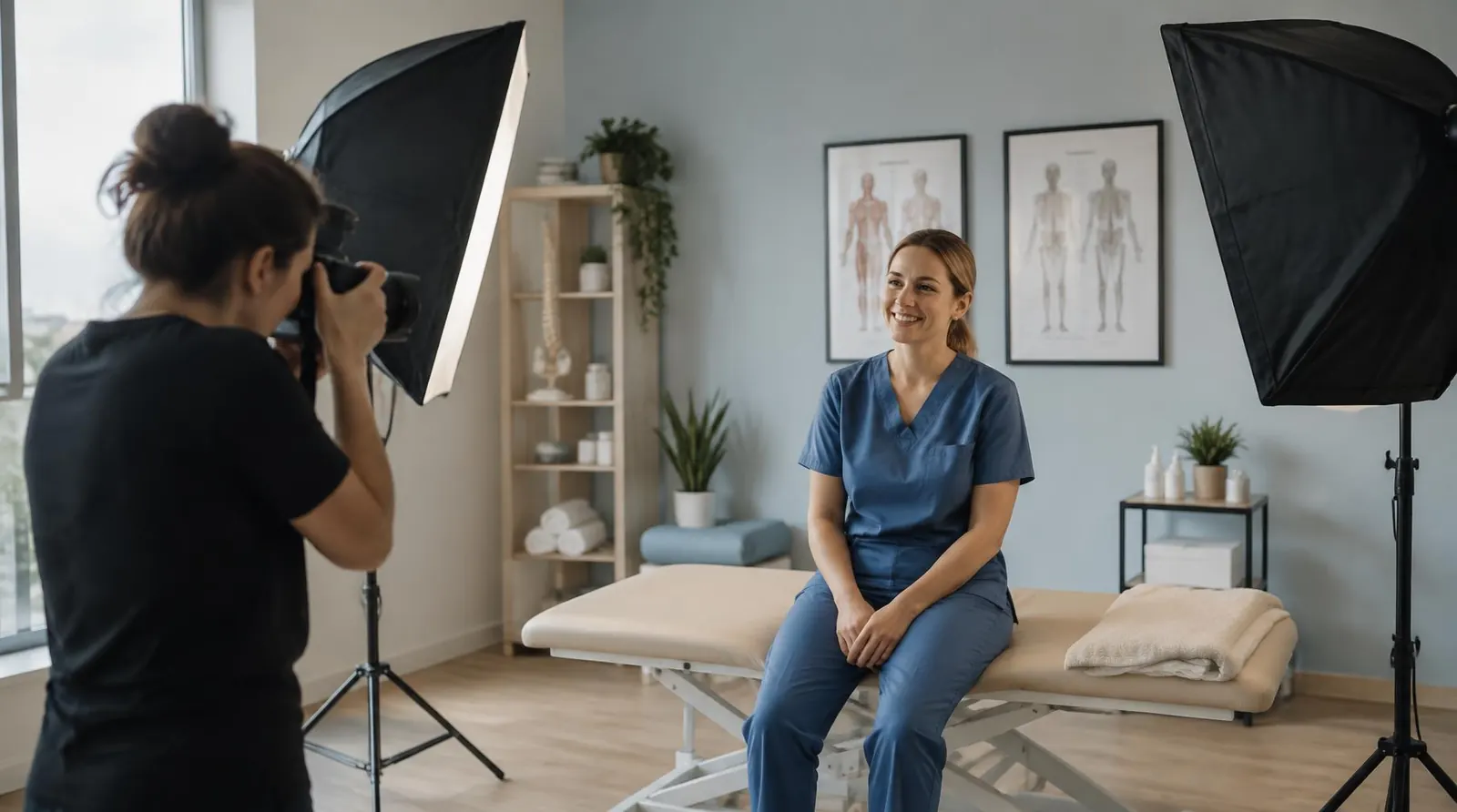 Produção de fotos com profissional de saúde em clínica