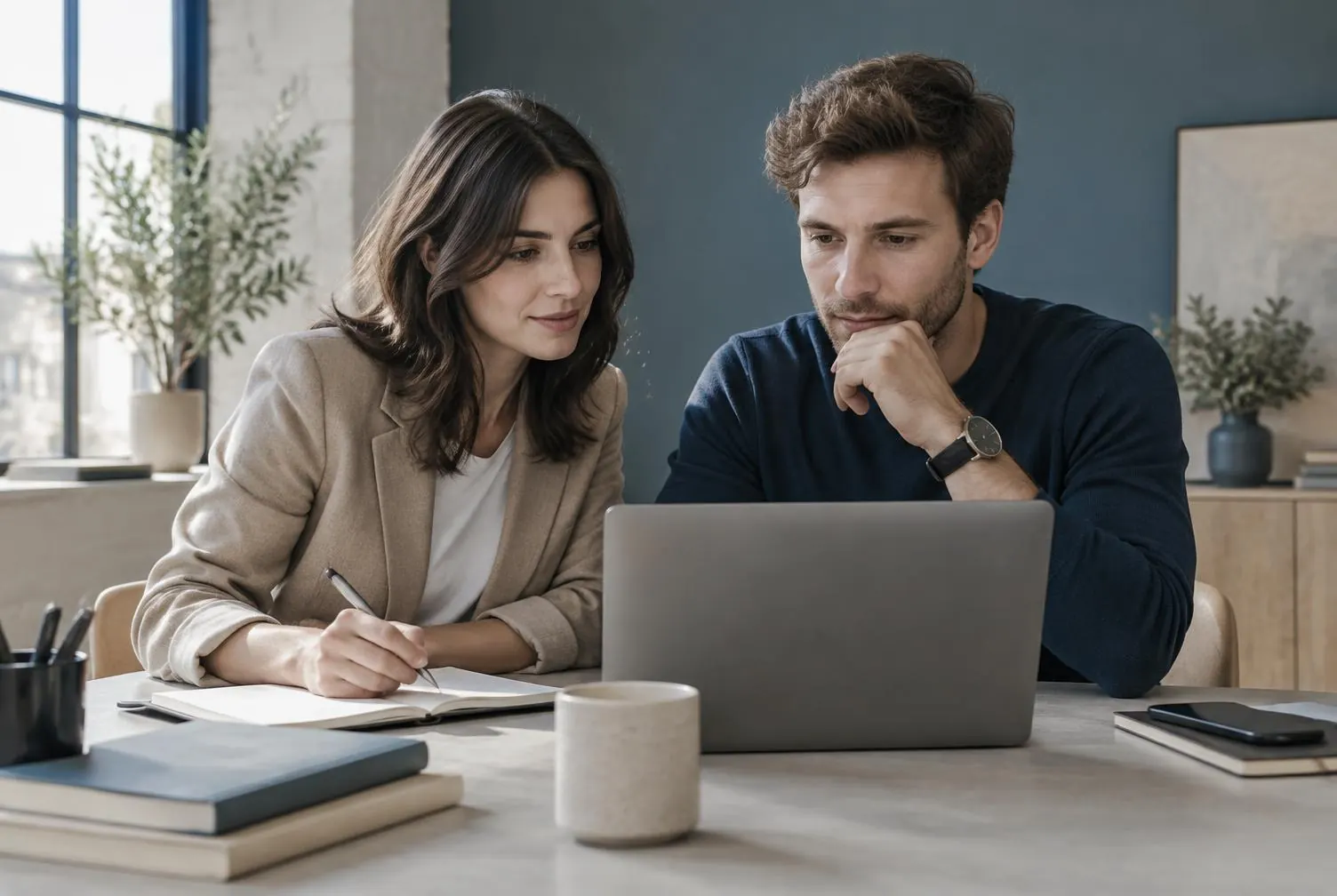 Dupla de consultores de marketing analisando um projeto