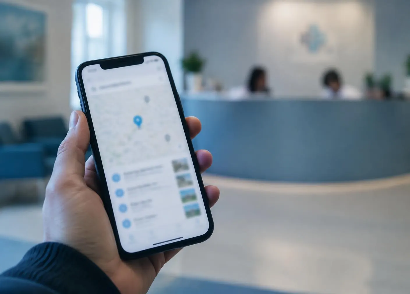 Pessoa consultando um mapa de busca no celular em uma recepção de clínica