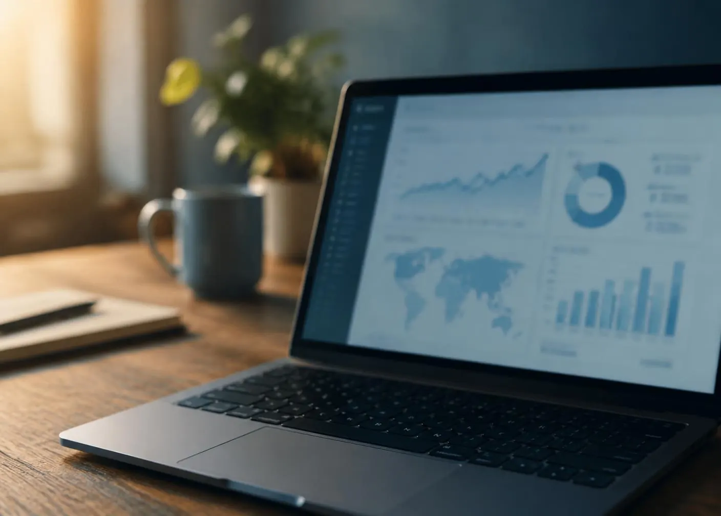 Notebook exibindo um painel de indicadores sobre uma mesa de madeira