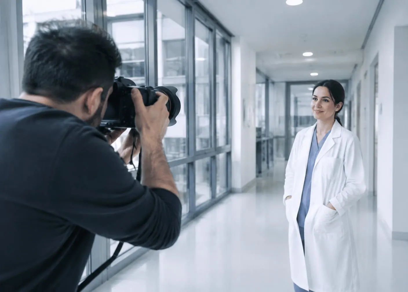 Fotógrafo registrando uma profissional de saúde no corredor de uma clínica