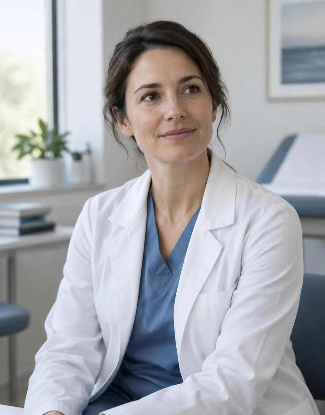 Retrato profissional de uma médica em consultório com luz natural lateral