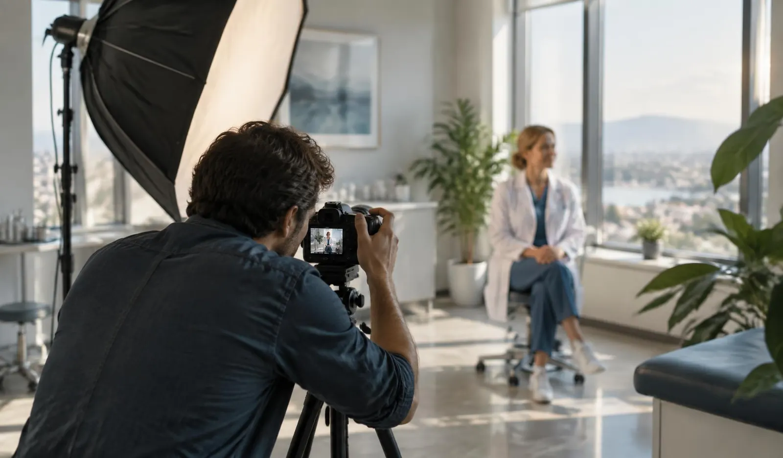 Bastidor de ensaio fotográfico em consultório claro: softbox, câmera em tripé e profissional sendo fotografada junto à janela