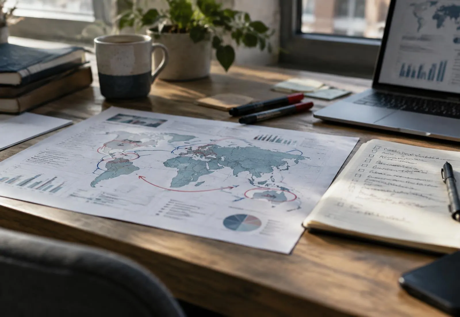 Mesa de trabalho com mapa de prioridades impresso, anotações e marcadores