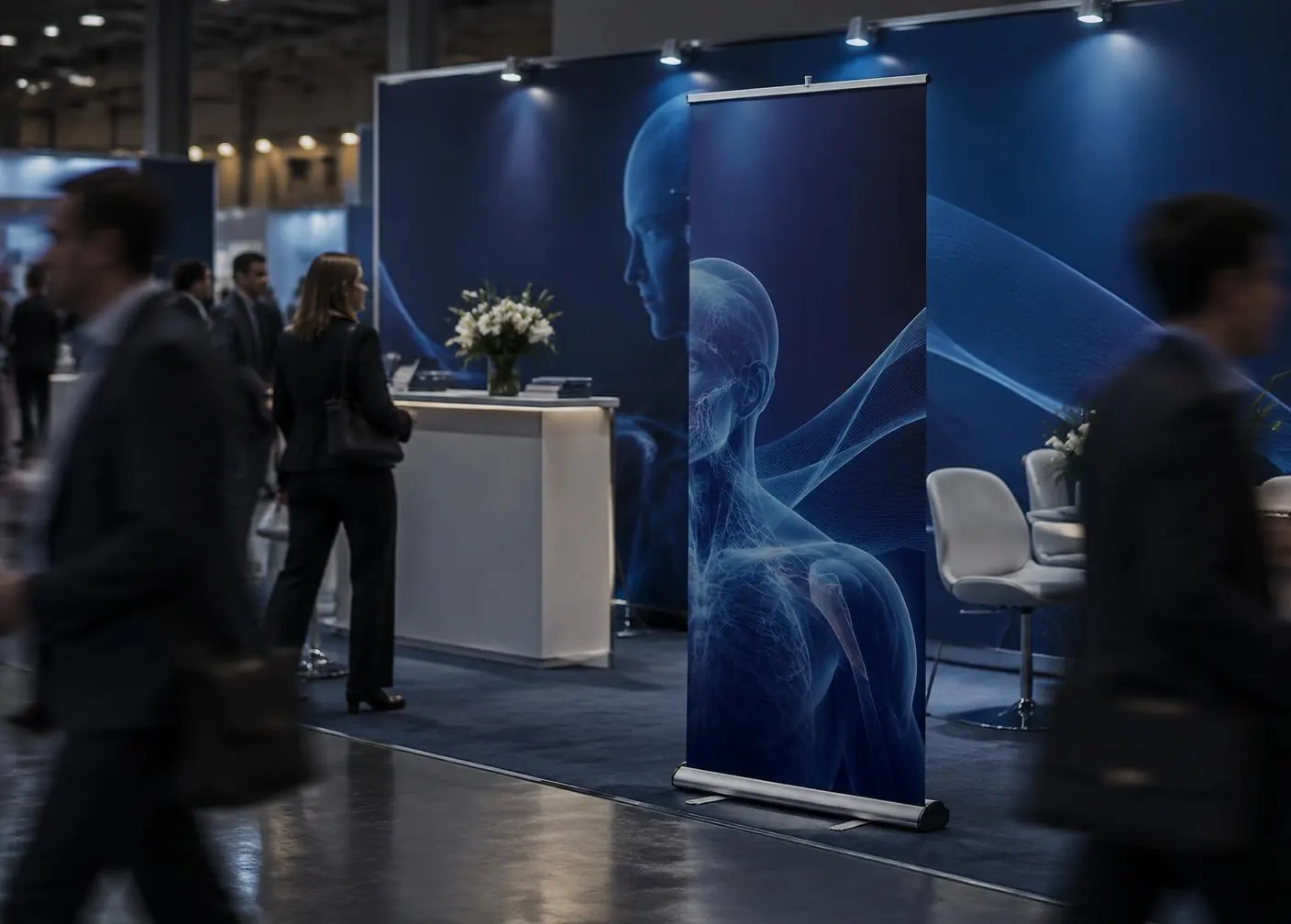 Estande com roll-up e painéis em azul profundo durante um congresso