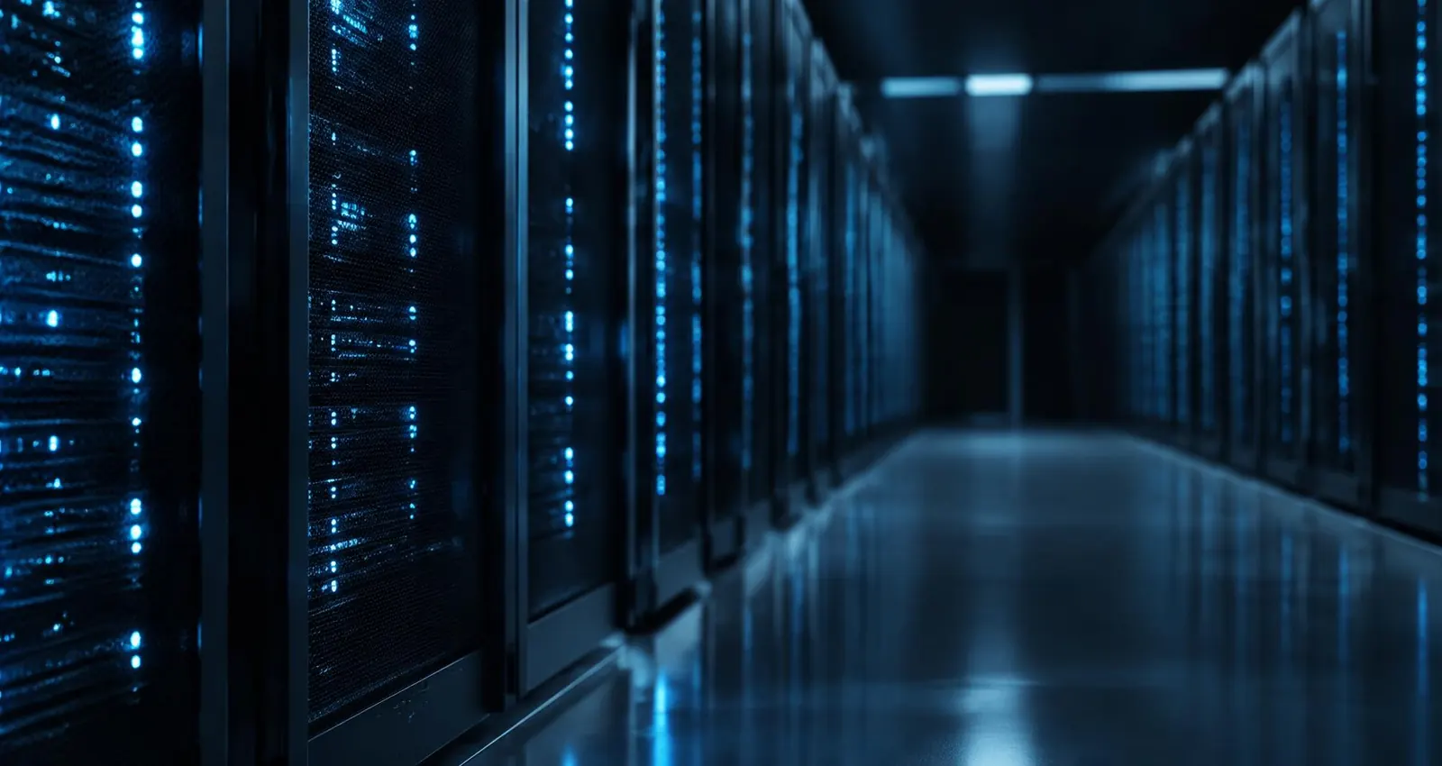 Corredor de datacenter com luzes azuis discretas