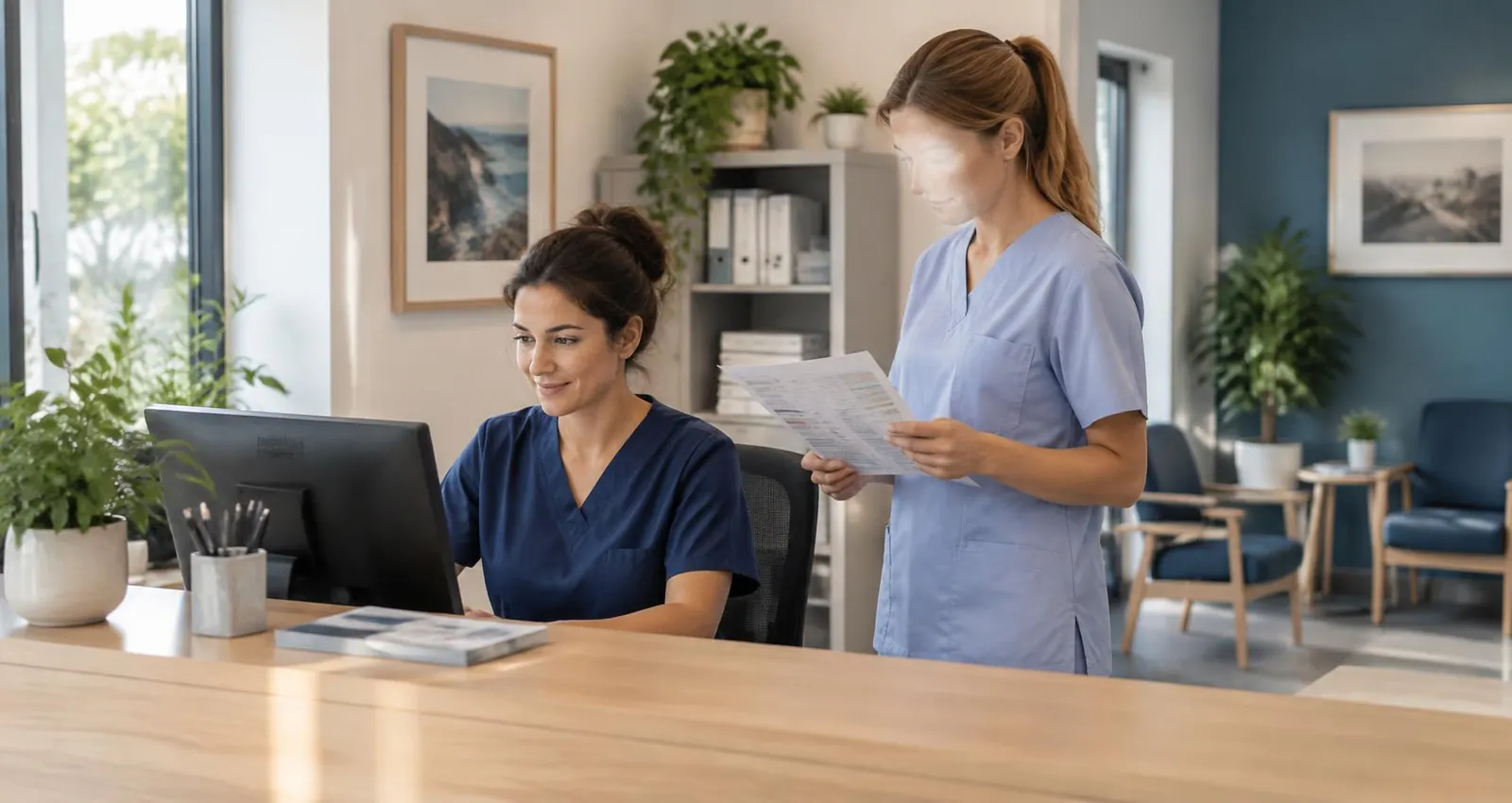 Recepção de clínica: uma profissional trabalha no computador enquanto uma colega revisa a agenda impressa