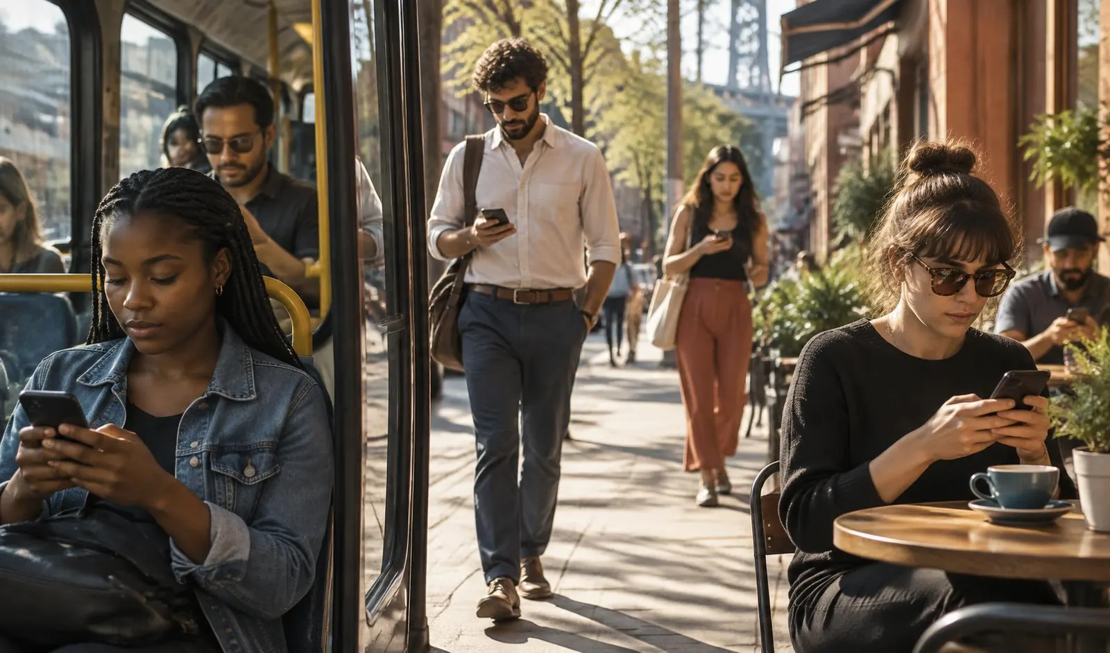 Cena urbana com diferentes pessoas usando o celular no ônibus, na calçada e em um café